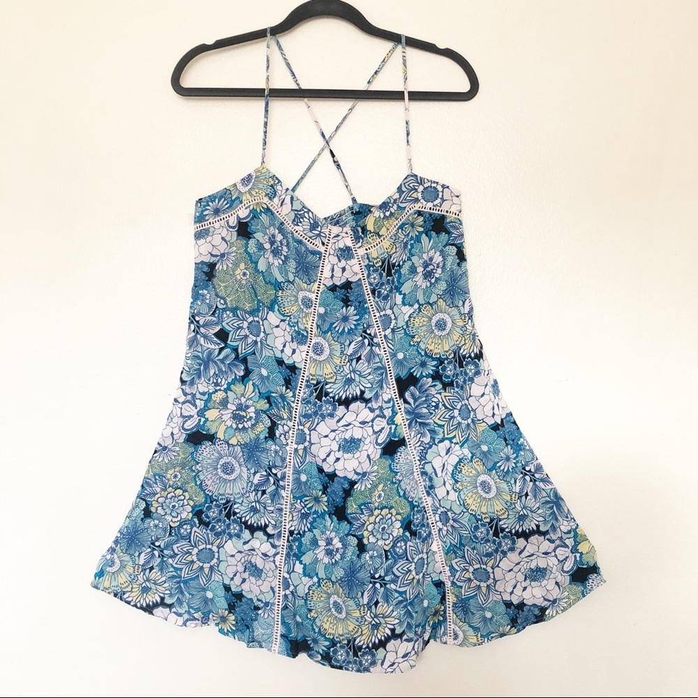 Free People Blue Floral Mini Flowy Summer Mini Dress Tropical Vacation